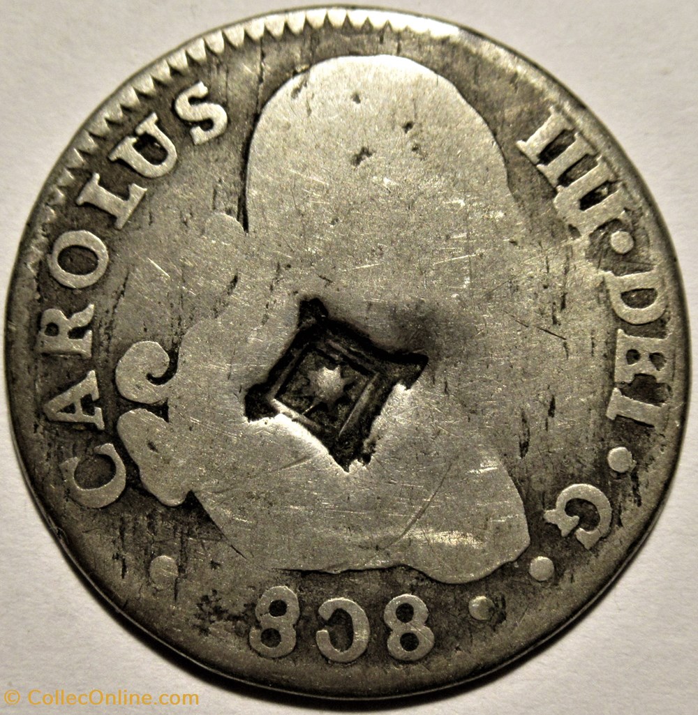 1808 - 2 Reales Sevilla - Carlos IV de España - Countermarked (Lattice, 1841) Cuba 2 monnaies monde espagne 1808 2 reales sevilla carlos iv de espana countermarked lattice 1841 cuba