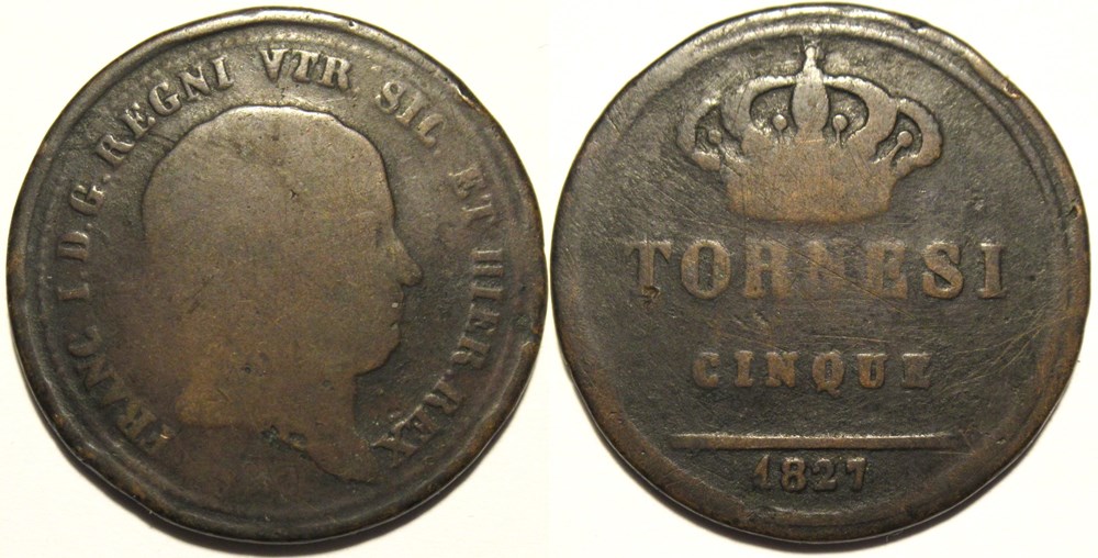 1827 Regno delle Due Sicilie, 5 Tornesi - Francesco I monnaies monde italie 1827 regno delle due sicilie 5 tornesi francesco i