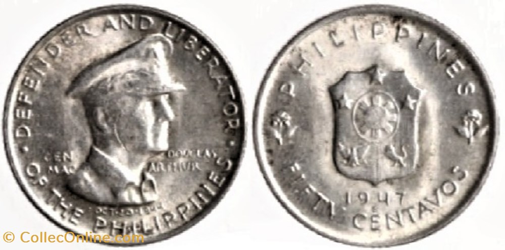 1947, Philippines - 50 Centavos, Douglas MacArthur monnaies monde 1947 philippines 50 centavos douglas macarthur