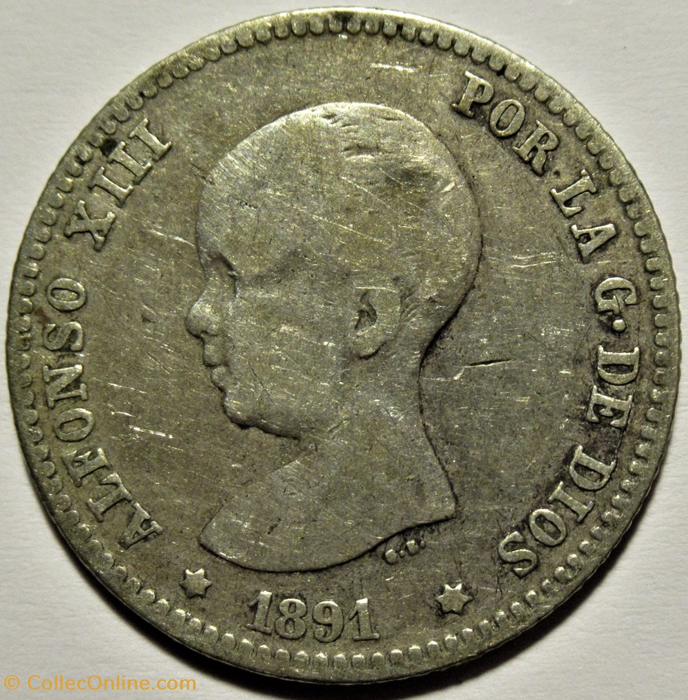 1891 - Peseta - Alfonso XIII de España 2 monnaies monde espagne 1891 peseta alfonso xiii de espana