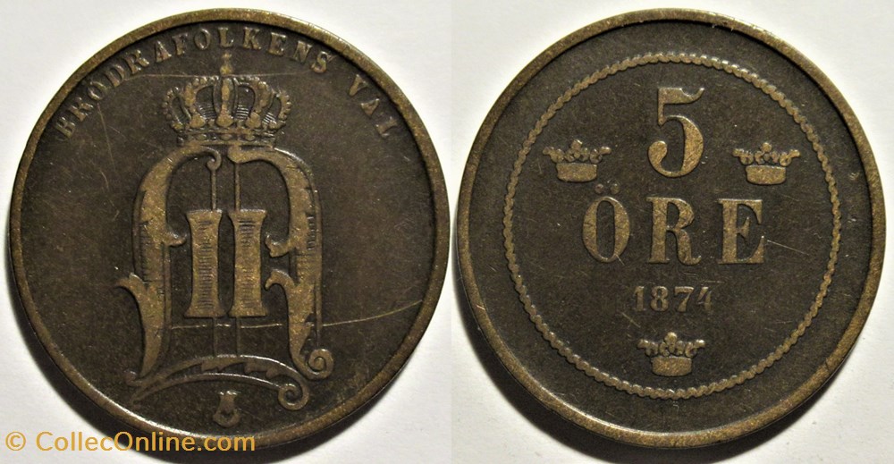 Sweden - Oskar II - 5 Öre 1874 monnaies monde suede sweden oskar ii 5 ore 1874
