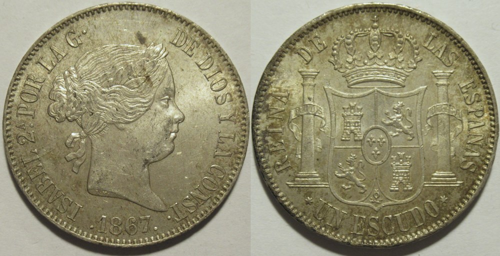 1867 Madrid, 1 Escudo - Isabel II de España monnaies monde espagne 1867 madrid 1 escudo isabel ii de espana