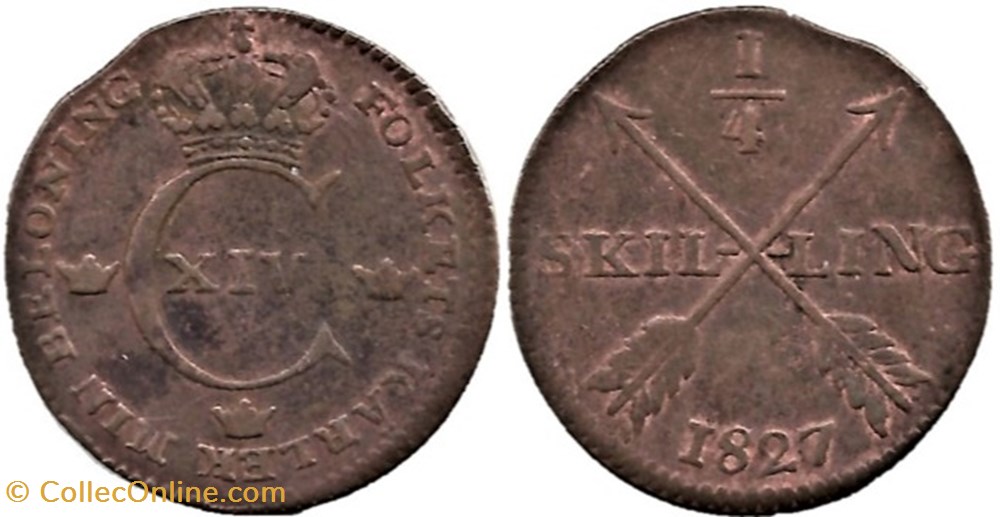 Sweden - Carl XIV Johan - ¼ Skilling 1827 monnaies monde suede sweden carl xiv johan skilling 1827