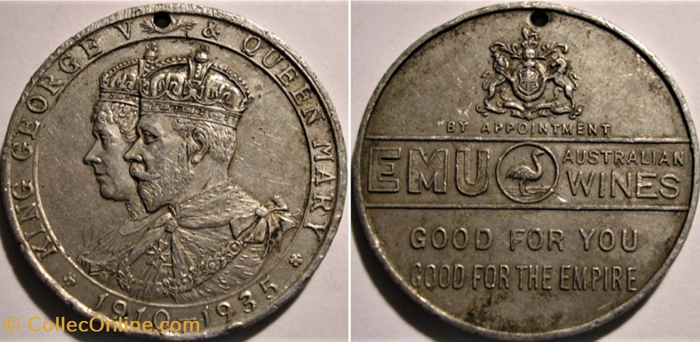 George V & Mary - 1935 Silver Jubilee Medal - Australian Wines Emu medaille royaume uni george v mary 1935 silver jubilee medal australian wines emu