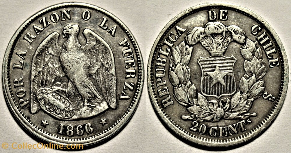 Chile - 20 Centavos 1866 Santiago monnaies monde chili chile 20 centavos 1866 santiago