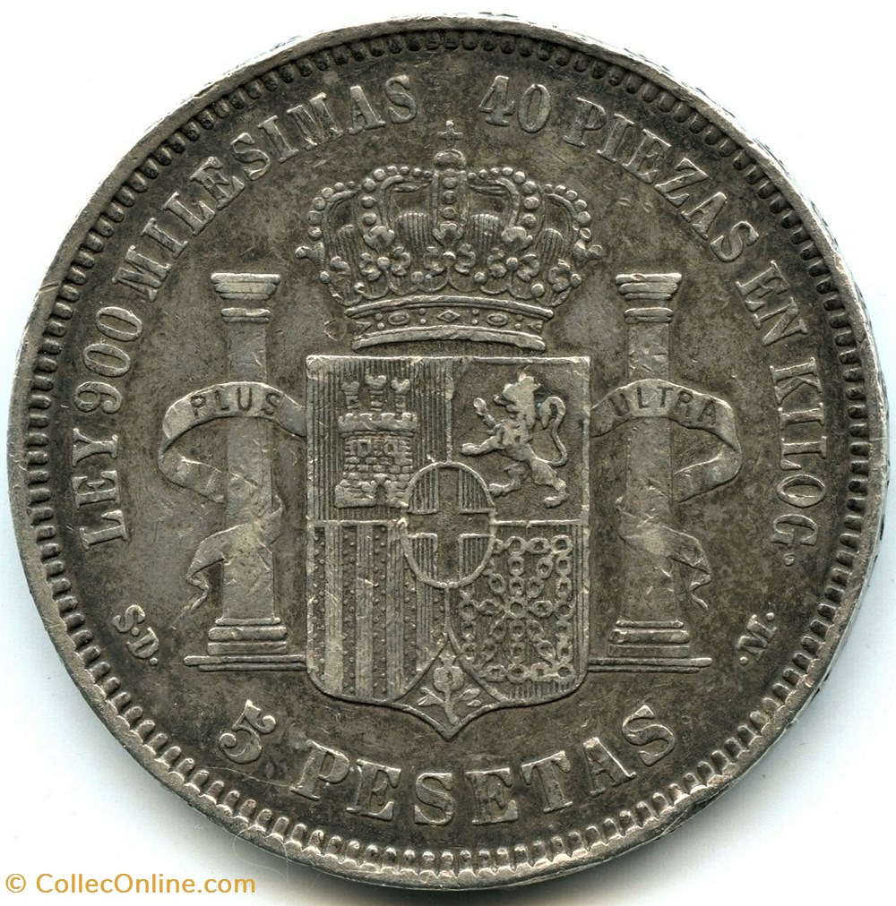 1871 - 5 Pesetas - Amadeo I de España 3 monnaies monde espagne 1871 5 pesetas amadeo i de espana