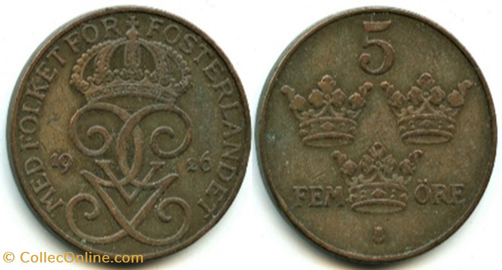 Gustaf V Of Sweden - 5 Öre 1926 - Monedas - Mundo - Suecia - Canto Liso