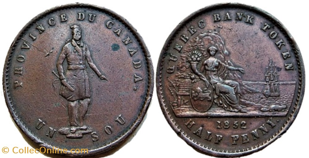 Quebec Un Sou 1852 - HalfPenny Token Bank - Canadian Province (ex.3) monnaies monde canada quebec un sou 1852 halfpenny token bank canadian province ex 3