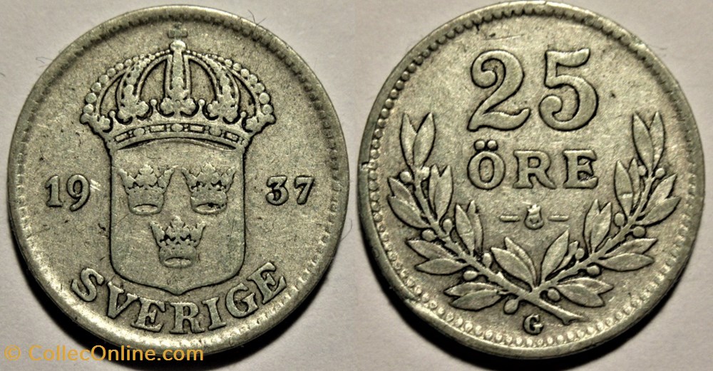 Gustaf V of Sweden - 25 Öre 1937 monnaies monde suede gustaf v of sweden 25 ore 1937