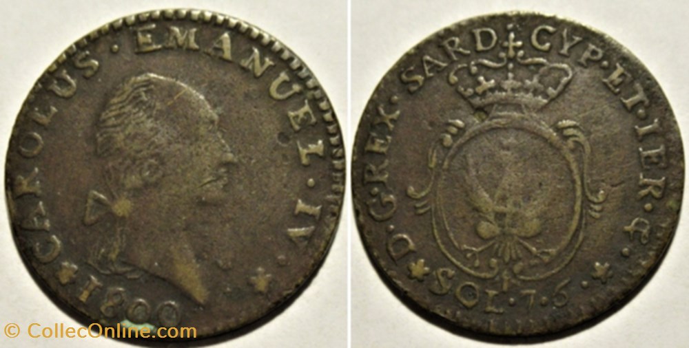 1800 Royaume de Sardaigne, 7.6 Soldi - Charles-Emmanuel IV de Savoie (ex.2) monnaies monde italie 1800 royaume de sardaigne 7 6 soldi charles emmanuel iv de savoie ex 2