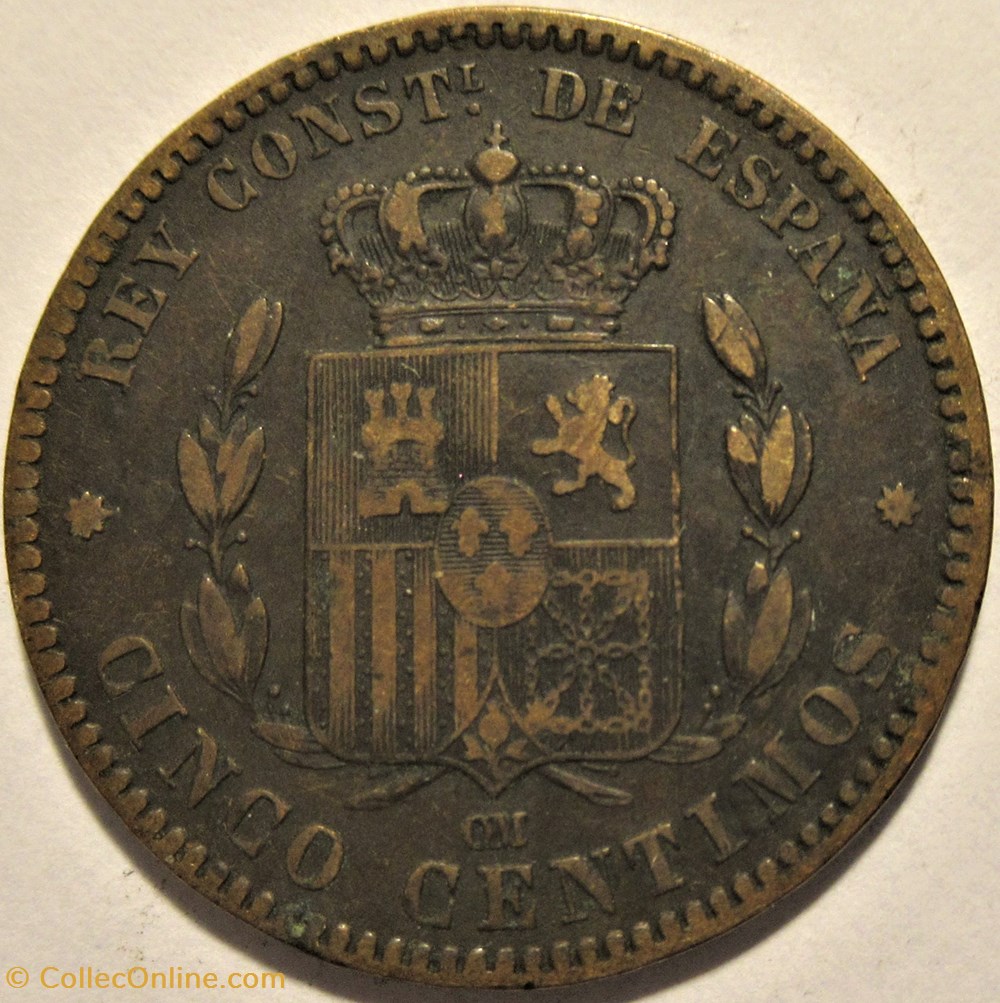 1879 - Barcelona, 5 Centimos - Alfonso XII de España 3 monnaies monde espagne 1879 barcelona 5 centimos alfonso xii de espana