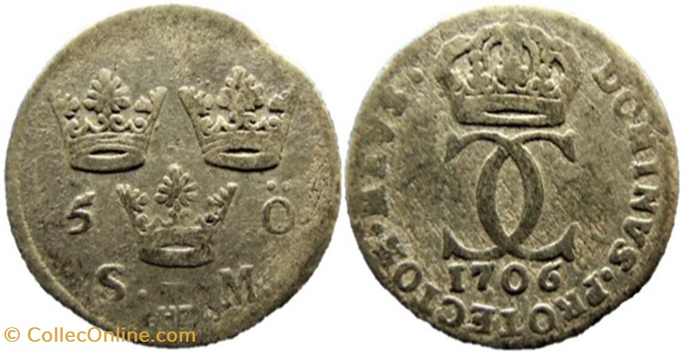 Sweden, Karl XII - 5 Öre 1706 monnaies europe medievale royaume suede sweden karl xii 5 ore 1706