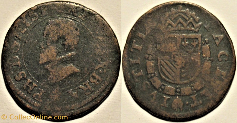 Philip II of Spain - 1 Liard c.1578 - Antwerp, Spanish Netherlands monnaies europe medievale pays bas espagnols philip ii of spain 1 liard c 1578 antwerp spanish netherlands