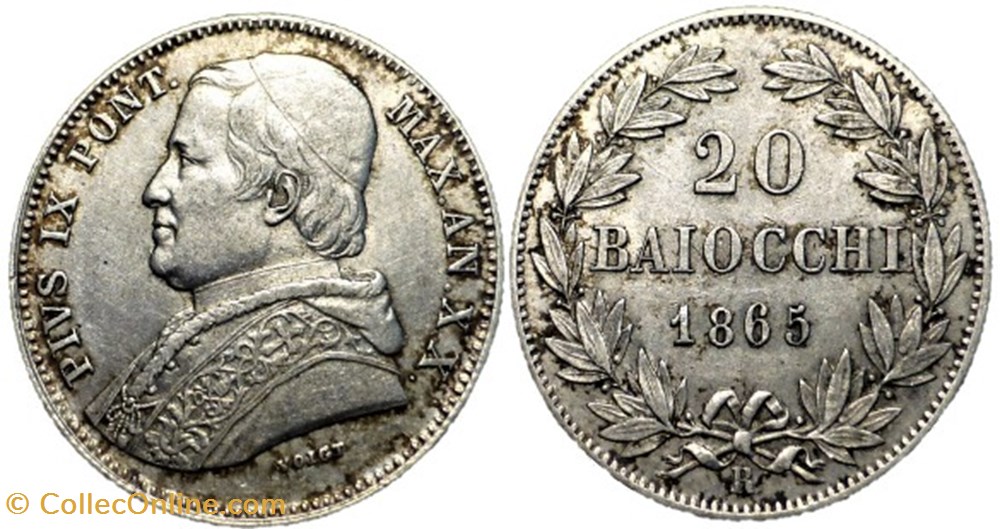 Pio IX, Papa - 20 Baiocchi 1865, Anno XX - Vaticano (ex.2) monnaies monde pio ix papa 20 baiocchi 1865 anno xx vaticano ex 2