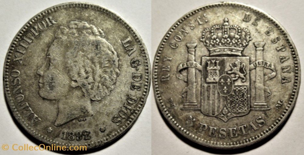 1892 - 5 Pesetas - Alfonso XIII de España monnaies monde espagne 1892 5 pesetas alfonso xiii de espana
