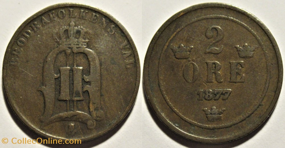 Sweden - Oskar II - 2 Öre 1877 monnaies monde suede sweden oskar ii 2 ore 1877
