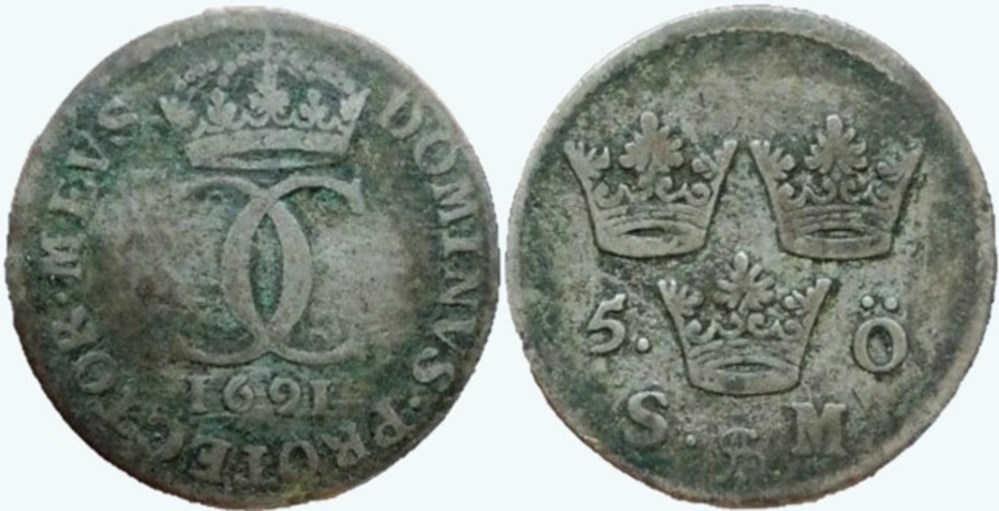 monnaies monde suede sweden karl xi 5 ore 1691
