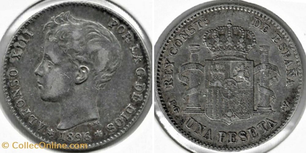 1896 - Peseta - Alfonso XIII de España monnaies monde espagne 1896 peseta alfonso xiii de espana