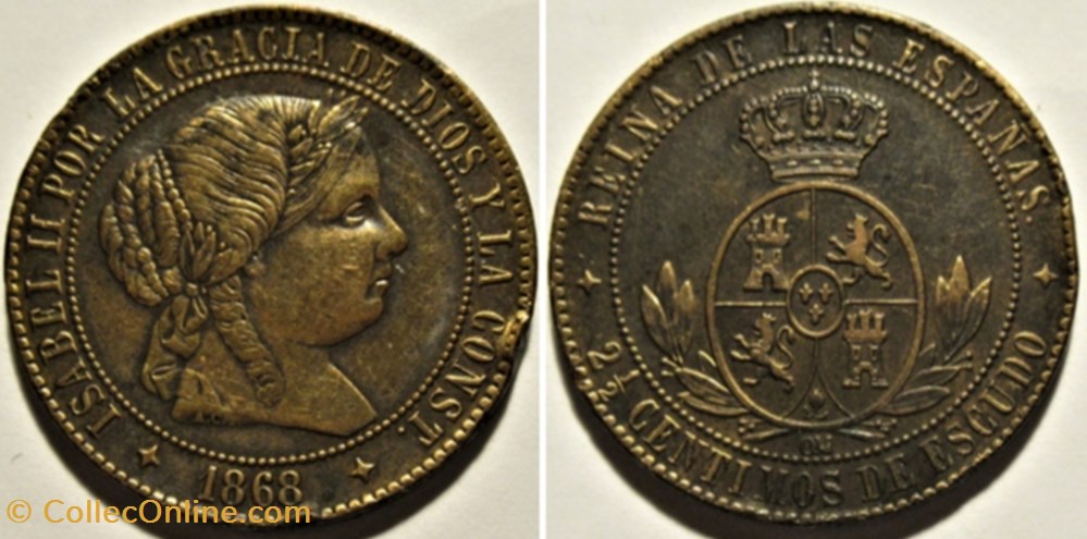 monnaies monde espagne 1868 jubia 2 centimos isabel ii espana ex 2