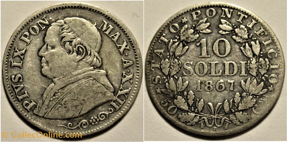 Pio IX, Pope - 10 Soldi 1867, Anno XXII - Vaticano monnaies monde pio ix pope 10 soldi 1867 anno xxii vaticano