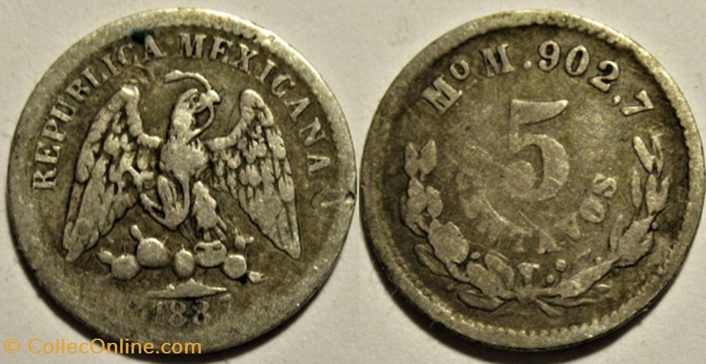 México - 5 Centavos 1887 Overdate monnaies monde mexique mexico 5 centavos 1887 overdate