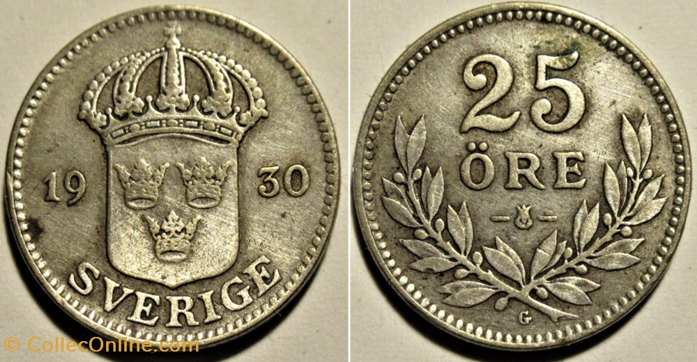 Gustaf V of Sweden - 25 Öre 1930 monnaies monde suede gustaf v of sweden 25 ore 1930