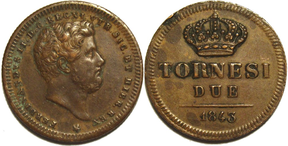 1843 Royaume de Naples, 2 Tornesi - Ferdinando II monnaies monde italie 1843 royaume de naples 2 tornesi ferdinando ii