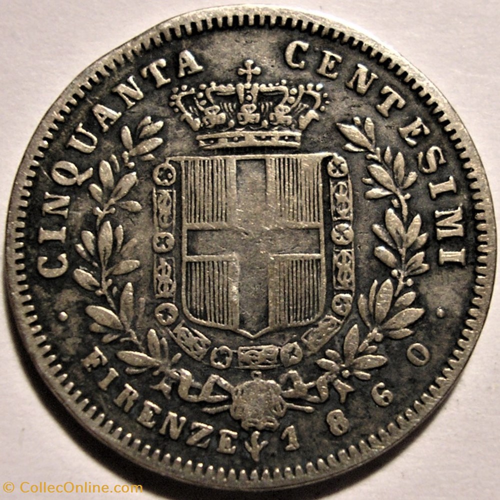 1860 Province Unite del Centro Italia, 50 Centesimi - Vittorio Emanuele II of Savoy monnaies monde italie 1860 province unite del centro italia 50 centesimi vittorio emanuele ii of savoy