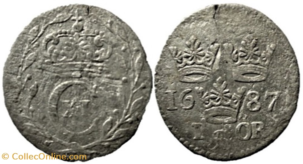 Sweden - Karl XI - 1 Öre 1687 monnaies monde suede sweden karl xi 1 ore 1687