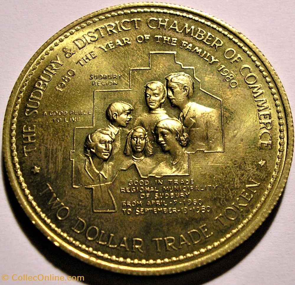 Sudbury, Ontario - Two Dollar Trade Token 1980 - Year of Family 3 monnaie jeton mereaux sudbury ontario two dollar trade token 1980 year of family