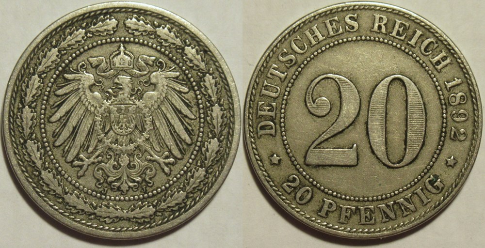 monnaies monde allemagne wilhelm ii 20 pfennige 1892 hamburg german empire