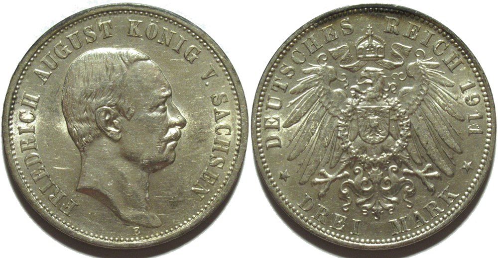 Friedrich August III - 3 Mark 1911 - Kingdom of Saxony monnaies europe medievale saint empire romain germanique friedrich august iii 3 mark 1911 kingdom of saxony