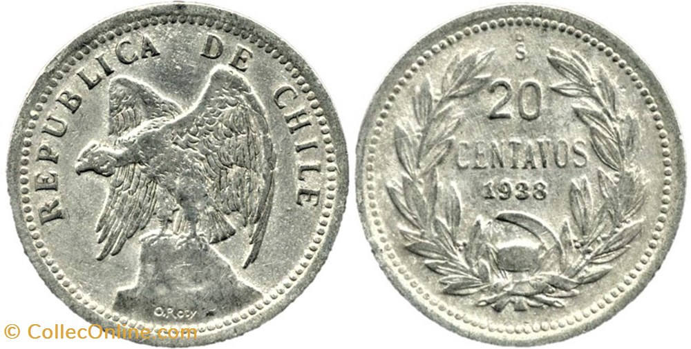 Chile - 20 Centavos 1938 Santiago monnaies monde chili chile 20 centavos 1938 santiago