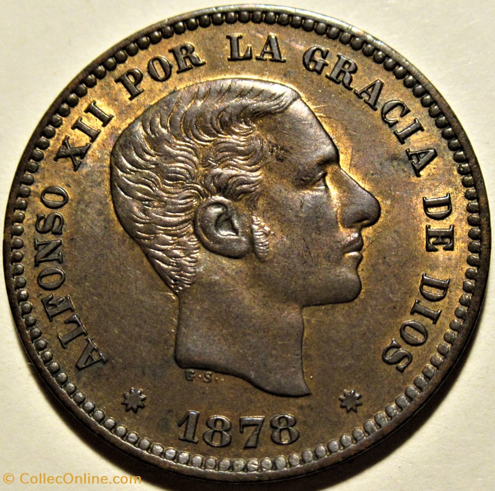 1878 - Barcelona, 5 Centimos - Alfonso XII de España (ex.2) Die Crack 2 monnaies monde espagne 1878 barcelona 5 centimos alfonso xii de espana ex 2 die crack