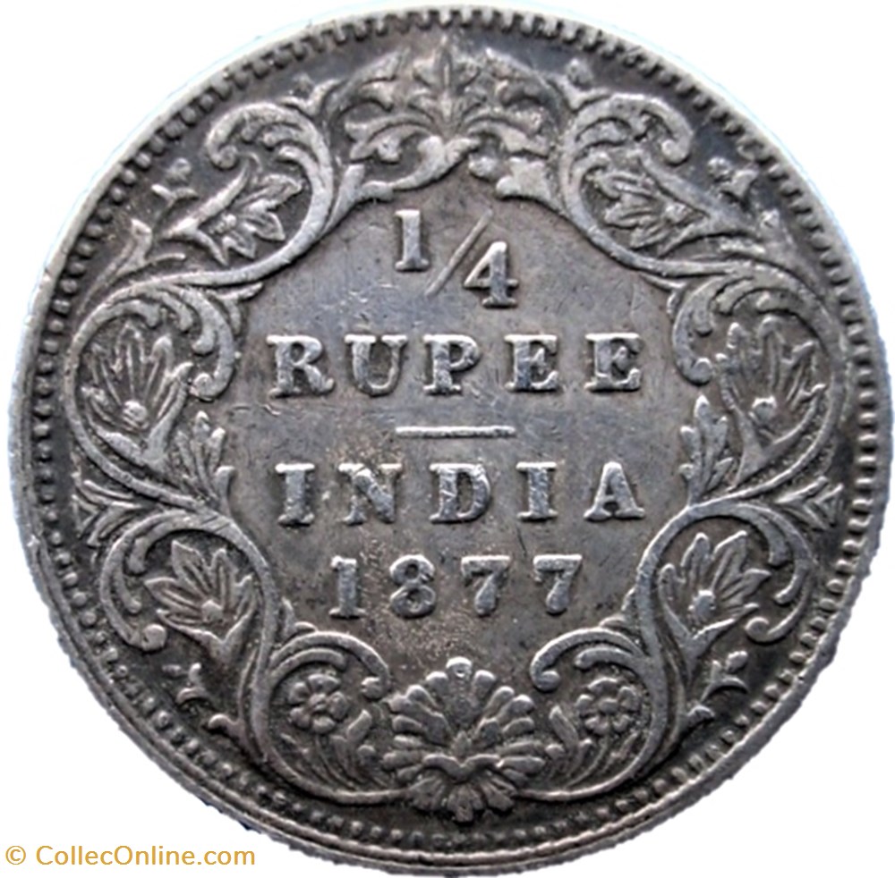 Victoria - ¼ Rupee 1877 Calcutta - British India 3 monnaies monde inde victoria rupee 1877 calcutta british india