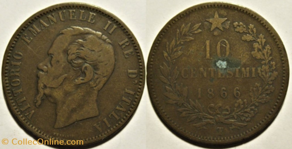 1866 Regno d'Italia, 10 Centesimi, Torino - Vittorio Emanuele II monnaies monde italie 1866 regno italia 10 centesimi torino vittorio emanuele ii