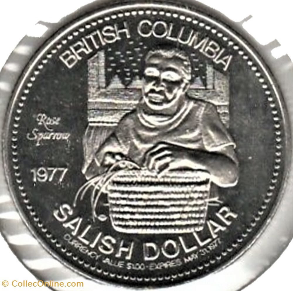 Salish Trade Dollar Token 1977 Rose Sparrow - British Colombia 3 monnaies jetons mereaux salish trade dollar token 1977 rose sparrow british colombia