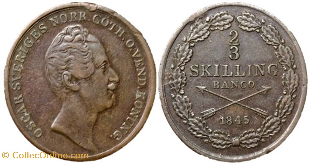 Sweden - Oscar I - 2/3 Skilling 1845/4 - Overdate monnaies monde suede sweden oscar i 2 3 skilling 1845 4 overdate