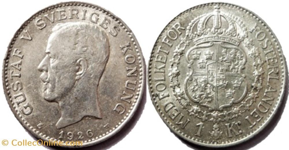 Gustaf V of Sweden - 1 Krona 1926 monnaies monde suede gustaf v of sweden 1 krona 1926