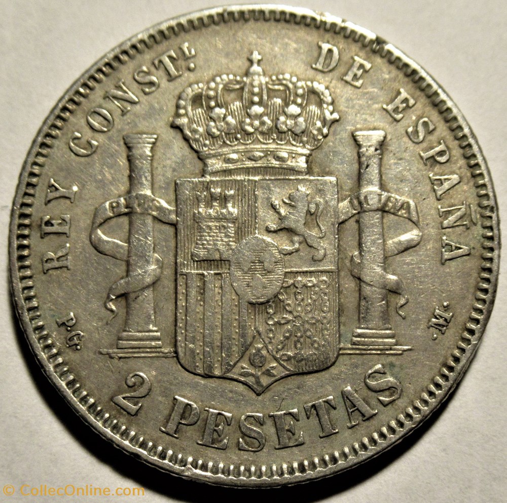 1892 - 2 Pesetas - Alfonso XIII de España 3 monnaies monde espagne 1892 2 pesetas alfonso xiii de espana