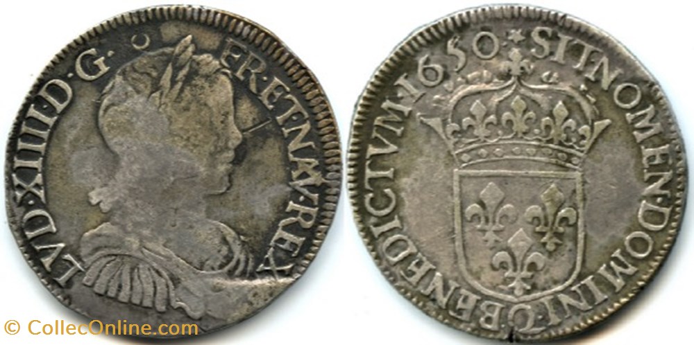 Louis XIV - Demi-Écu à la mèche longue, 1650 Perpignan monnaies europe medievale france royales louis xiv demi ecu a la meche longue 1650 perpignan