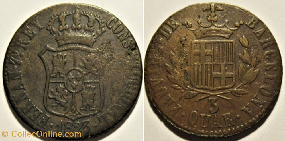 1823 Cataluña - 3 Quartos - Fernando VII de España monnaies monde espagne 1823 cataluna 3 quartos fernando vii de espana