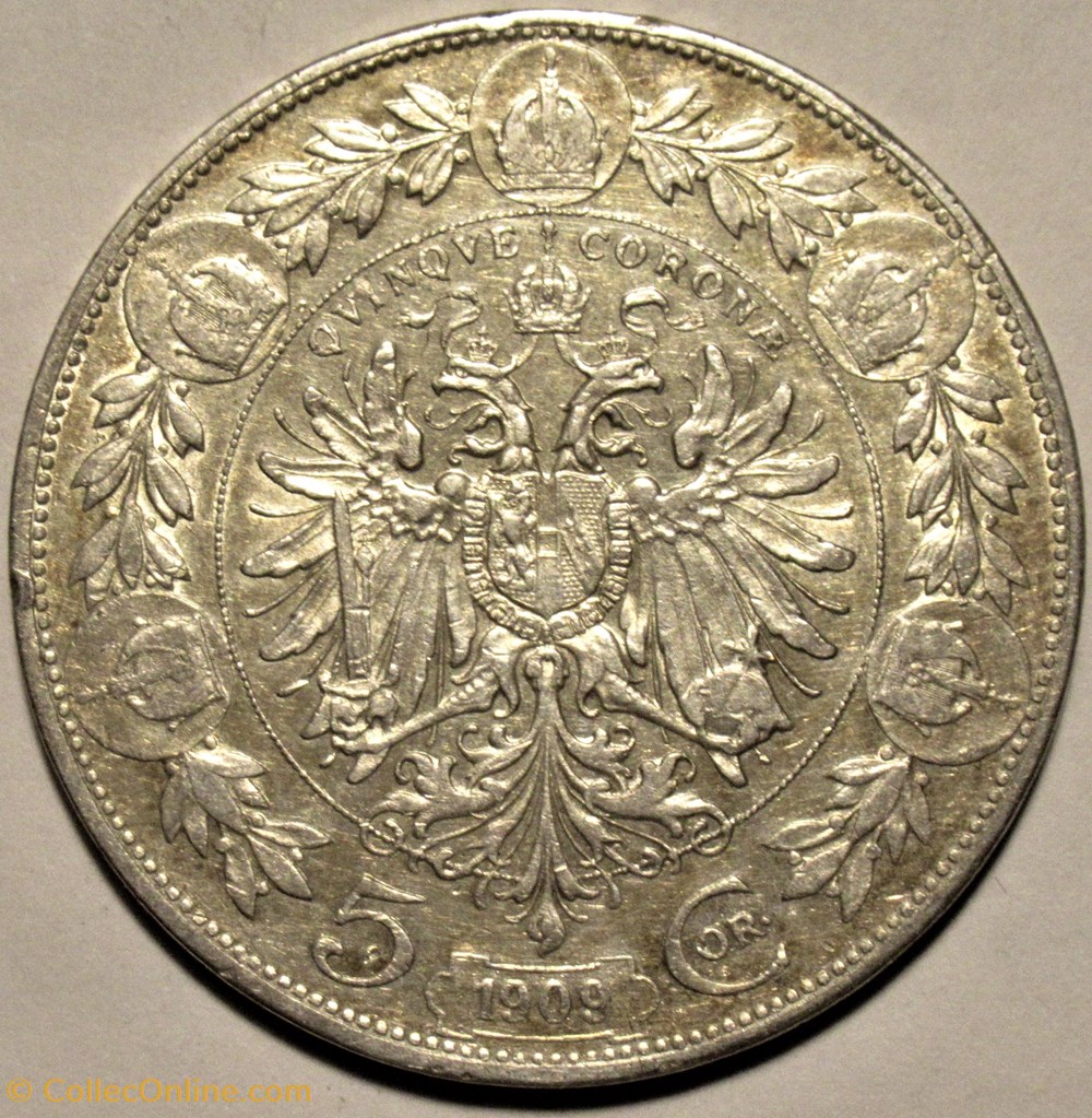 Franz Joseph I - 5 Corona 1909, Austrian Empire monnaies monde autriche franz joseph i 5 corona 1909 austrian empire