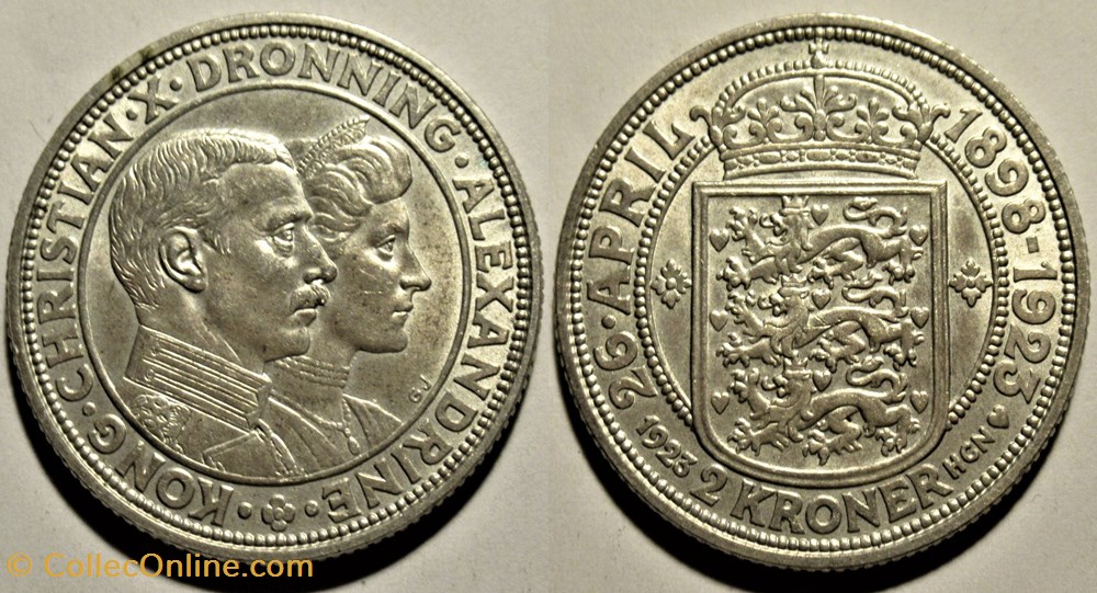 Christian X & Alexandrine Denmark - 2 Kroner 1923 Silver Wedding monnaies monde danemark christian x alexandrine denmark 2 kroner 1923 silver wedding