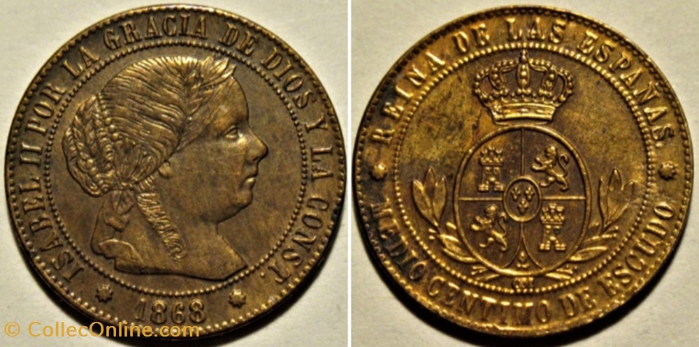 1868 Barcelona - ½ Centimo - Isabel II España monnaies monde espagne 1868 barcelona centimo isabel ii espana