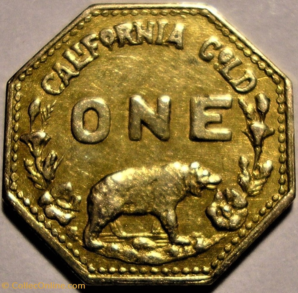 California Gold, Eureka Octagonal One Dollar 1915 - Token Minerva & Bear 3 monnaies paranumismatique jetons poids california gold eureka octagonal one dollar 1915 token minerva bear