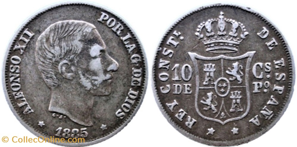 1885 Filipinas - 10 Céntimos de Peso - Alfonso XII de España monnaies monde philippines 1885 filipinas 10 centimos de peso alfonso xii de espana