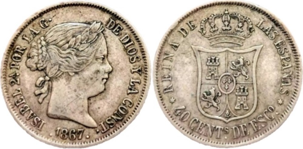 1867 Madrid, 40 Centimos - Isabel II de España monnaies monde espagne 1867 madrid 40 centimos isabel ii de espana