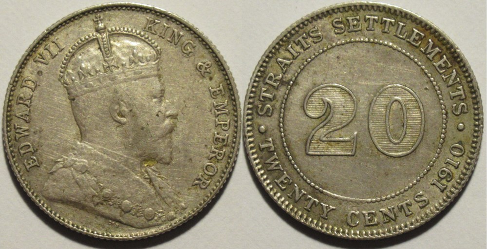 Edward VII - 20 Cents 1910, Bombay - Straits Settlements monnaies colonies britanniques edward vii 20 cents 1910 bombay straits settlements