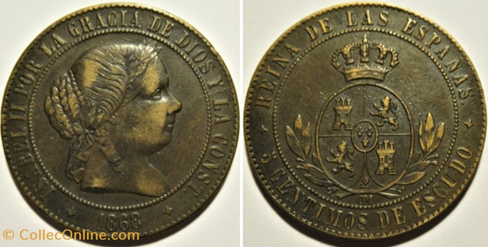 1868 Jubia - 5 Centimos - Isabel II de España monnaies monde espagne 1868 jubia 5 centimos isabel ii de espana